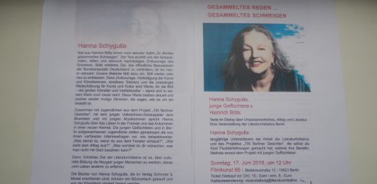 Anküdigung Schygulla-Lseung im filmkunst 66, Berlin-Charlottenburg