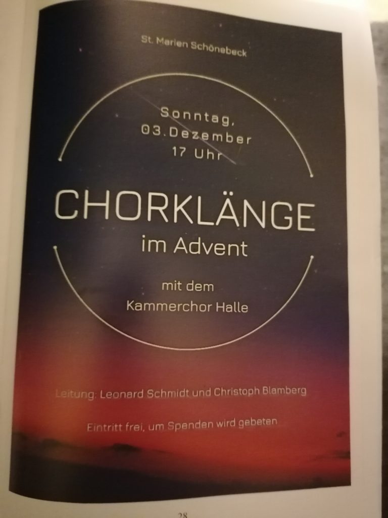 Plakat der Veranstaltung: Chorlänge im Advent mit dem Kammerchor Halle in St.Marien Schönebeck am 3.12.23 um 17 Uhr. Eintritt frei. Der Chor ist unter der Leitung von Leonard Schmidt und Christoph Blamberg
