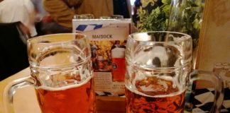 Maibock im Hofbräu München Wirtshaus Berlin, die Bierspezialität Maibock, ein Bier mit einer besonderen Whiskey-Farbe und 7,2% Vol. Alkohol von Hofbräu München im Wirtshaus Berlin