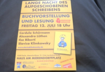 Lange Nacht des aufgeschobenen Schreibens. Lesung und Buchvorstellung: Die gelbe Katze. Eintritt frei – Einfache Sprache FLYER der Veranstaltung Buchvorstellung und Lesung! mit Cordula Schürmann, Alexandra Lüthen, Ilse Biberty u. Slavica Klimkowsky. Lesung im HAM Mierendorffplatz unter dem Titel Die lange Nacht des aufgeschobenen Schreibens. DIE GELBE KATZE. Eintritt frei.