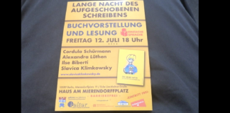 Lange Nacht des aufgeschobenen Schreibens. Lesung und Buchvorstellung: Die gelbe Katze. Eintritt frei – Einfache Sprache FLYER der Veranstaltung Buchvorstellung und Lesung! mit Cordula Schürmann, Alexandra Lüthen, Ilse Biberty u. Slavica Klimkowsky. Lesung im HAM Mierendorffplatz unter dem Titel Die lange Nacht des aufgeschobenen Schreibens. DIE GELBE KATZE. Eintritt frei.
