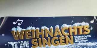 Verschwinden Traditionen? Weihnachtssingen in der Wilmersdorfer Straße als Beispiel des Erhalts von Althergebrachtem, wie Liedgut Weihnachtssingen in der Wilmersdorfer Straße in Berlin-Charlottenburg im Dezember 2025, ein FLYER oder Handzettel. Auf der Rückseite steht: Bezirksbürgermeisterin Kirstin Bauch sing mit! Außerdem ist da so ein hässlicher Code abgedruckt, der einen in Netz gehen lässt. Um Liedertexte zu finden.