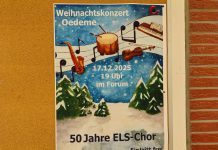 50 Jahre ELS-Chor – Weihnachtskonzert im Gymnasium Oedeme, Eintritt frei Weihnachtskonzert Oedeme, Plakatentwurf: S. Dederke (Sophia Dederke), Dort steht: "17.12.2025, 19 Uhr im Forum, 50 Jahre ELS-Chor, Eintritt frei". Was dort nicht steht: Gymnasium Oedeme