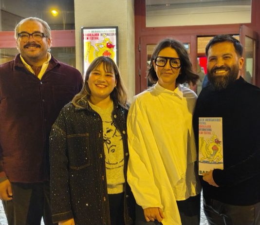 Neu: Das Guadalara International Film Festival mit einem ‚Showcase‘ jetzt in Berlin-Mitte im Kino BABYLON Guadalajara International Film Festival (nicht GIFF, sondern spanisch FICG) ist das zweitwichtigste Filmfest Mexikos. Guadalajara ist eine Großstadt in der Mitte im Staat Jalisco der Vereinigten Staaten von Mexiko. Im Bild Kike (v.l.n.re.) Quique Flores, Alejandra Davila, Urzula Barba Hopfner, Regisseurin des Eröffnungsfilms "Corina" und Programmdirektor Pavel Cortes