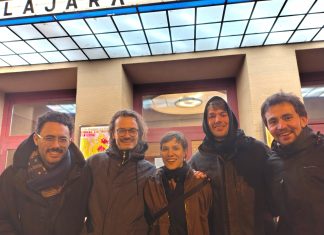 REMEMBER the Sabbath (denk‘ an den Sabbat): Ein Kurzfilm von John D. Adams gezeigt am Samstag, den 7.2. von links nach rechts Schauspieler Seán Gallen, John Adams, genauer John D. Adams (Regisseur), Lisa Frericks (Hair, Mape-up, Casting), Kameramann Lars Elliger und Schauspieler Yazan Melhem aus dem Film (Kurzfilm) "Remember the Sabbath"