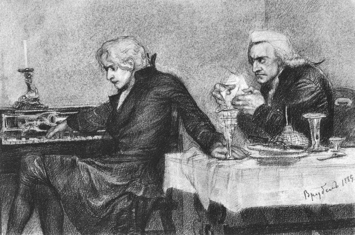 Wolfgang Amadeus Mozart und Antonio Salieri. Zeichnung: Mikhail Vrubel, Wikimedia Commons
