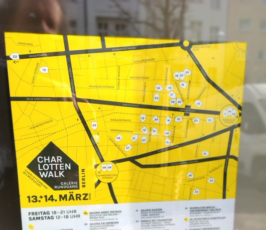 Einladung zum Galeriespaziergang durch Charlottenburg-Wilmersdorf namens Charlottenwalk heute am 14.3. Charlottenwalk lädt ein zum Spaziergang durch 37 Galerien in Charlottenburg und Wilmersdorf wie Finnland-Institut und Galerie Anna Probst