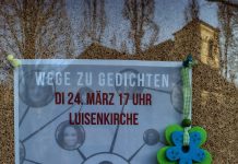 Wege zu Gedichten. In der Luisenkirche Charlottenburg am 24.3. Plakat: "Wege zu Gedichten". Lesekreis mit Improvisationen. Jack Day und Thomas Wohlfahrt. Dienstag, 24. März '26 um 17 Uhr in der Luisenkirche in Berlin-Charlottenburg