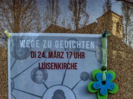 Wege zu Gedichten. In der Luisenkirche Charlottenburg am 24.3. Plakat: "Wege zu Gedichten". Lesekreis mit Improvisationen. Jack Day und Thomas Wohlfahrt. Dienstag, 24. März '26 um 17 Uhr in der Luisenkirche in Berlin-Charlottenburg