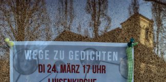 Wege zu Gedichten. In der Luisenkirche Charlottenburg am 24.3. Plakat: "Wege zu Gedichten". Lesekreis mit Improvisationen. Jack Day und Thomas Wohlfahrt. Dienstag, 24. März '26 um 17 Uhr in der Luisenkirche in Berlin-Charlottenburg