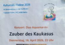Zauber des Kaukasus. Isabella Branco und Vlada Kupriyanova (Cello, Piano, Gesang) Isabella Branco (Cello, Gesang) und Vlada Kupriyanova (Klavier) sind das Duo Aquamarine und der Zauber des Kaukasus. im Kulturcafé Kladow in West-Berlin