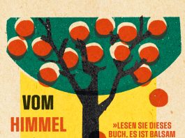 Anatolias langer Weg ins Glück – Annotation zum rätselhaften Roman „Vom Himmel fielen drei Äpfel“ von Marine Abgarjan Cover von „Vom Himmel fielen drei Äpfel“ von Narine Abgargjan: Ein stilisierter Baum mit roten Äpfeln und einem schwarzen Hahn auf gelbem Hintergrund erzeugt eine freundliche Atmosphäre.